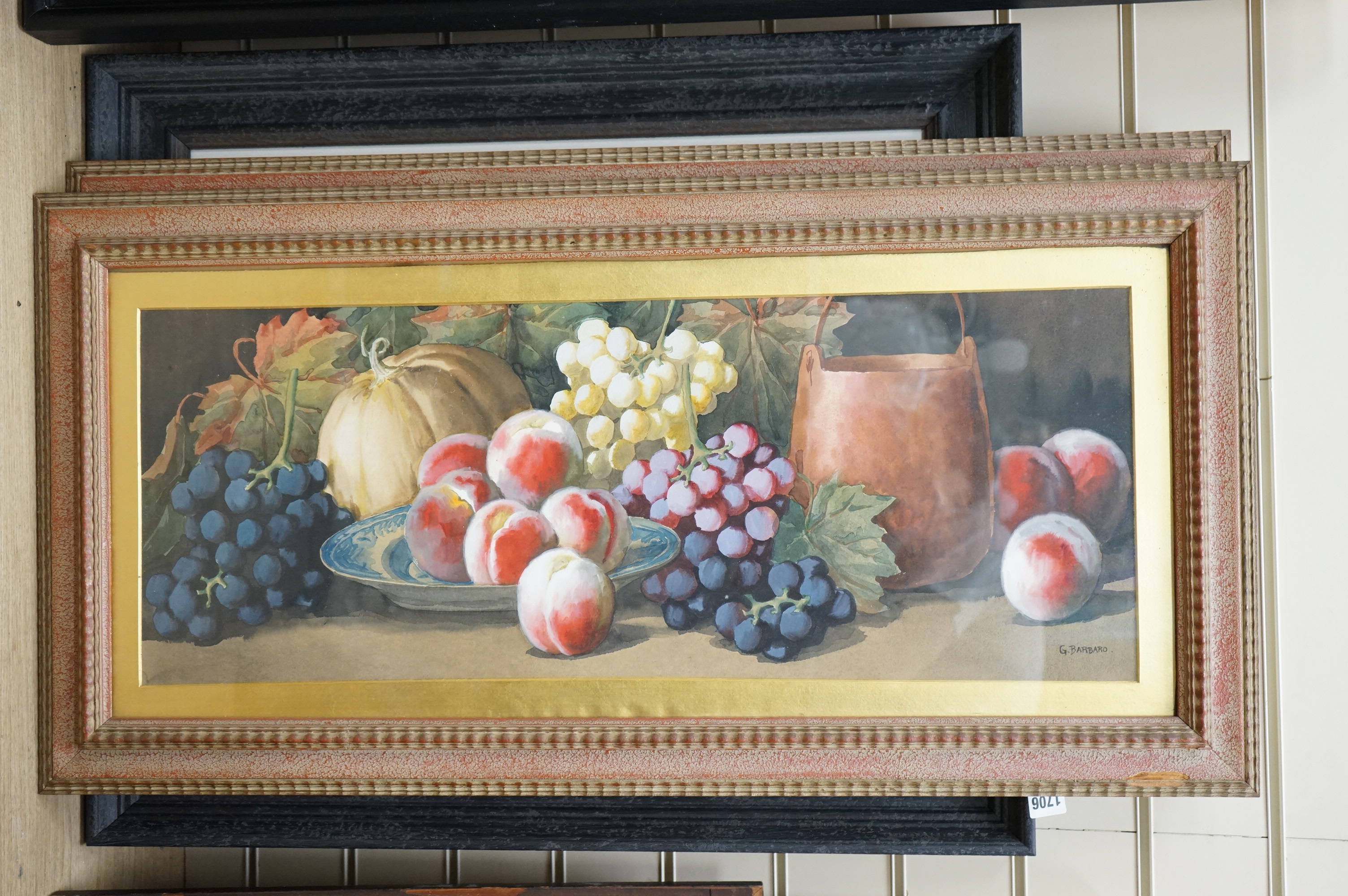 Giovanni Barbaro (1864-1915), watercolour, Still life of fruit and leaves, signed, 30 x 77cm